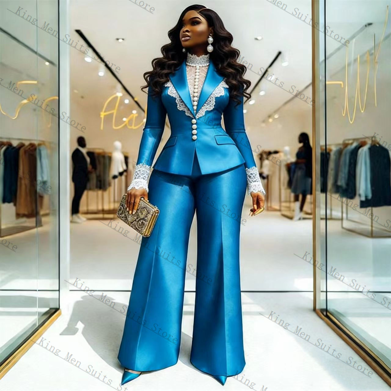 Women Formal Wear Blazer Set - Blue Satin Lace Women Suit Set