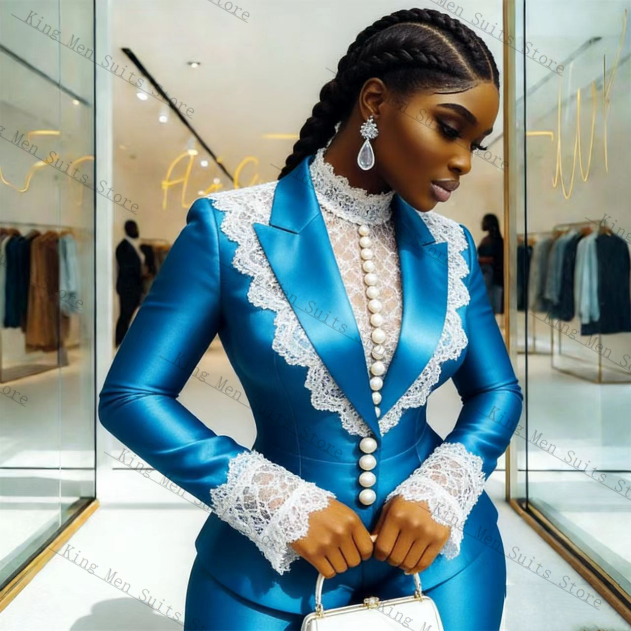 Blue Satin Lace Women Suit Set - Women Formal Wear Blazer Set ulasan dan harga