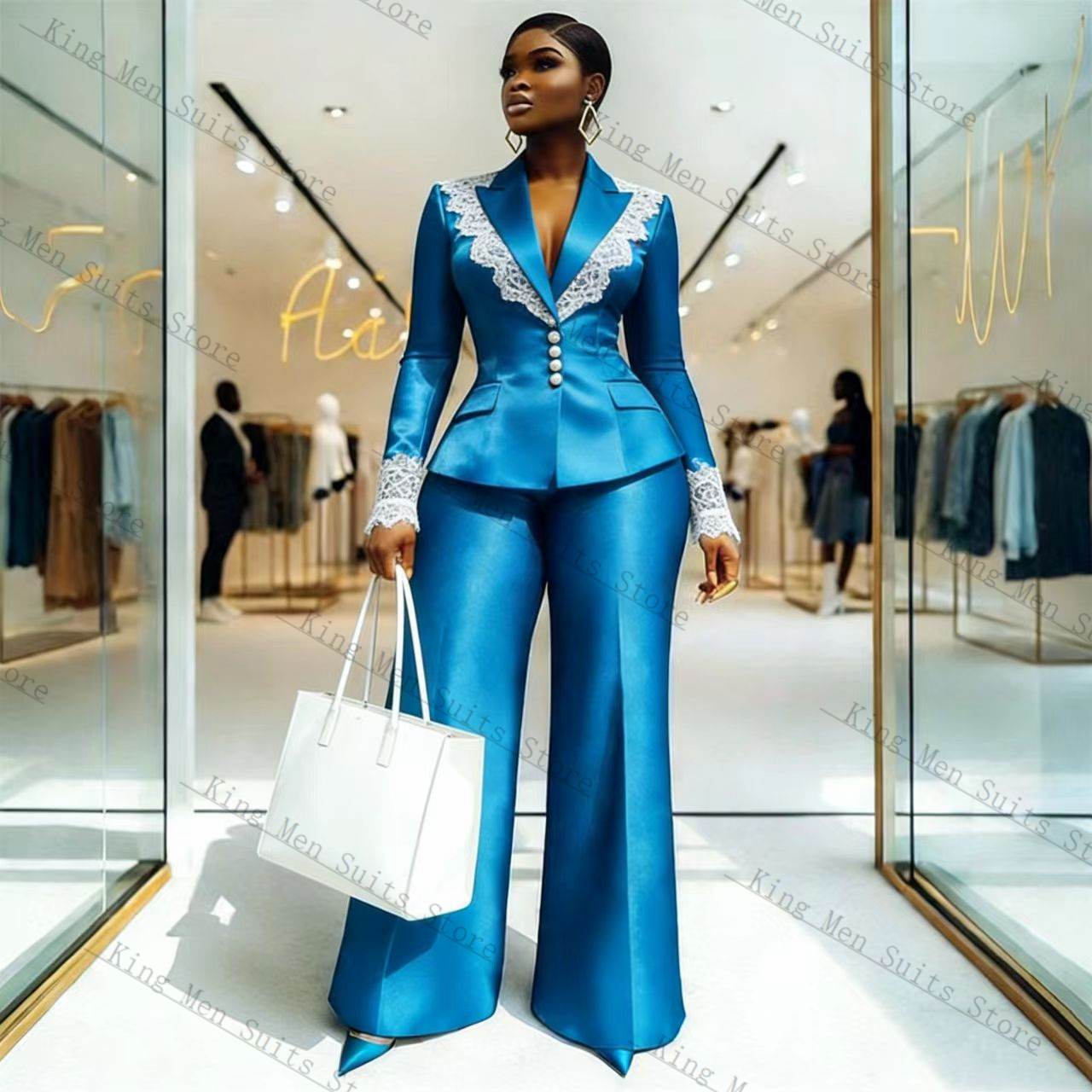 Blue Satin Lace Women Suit Set - Women Formal Wear Blazer Set ulasan dan harga