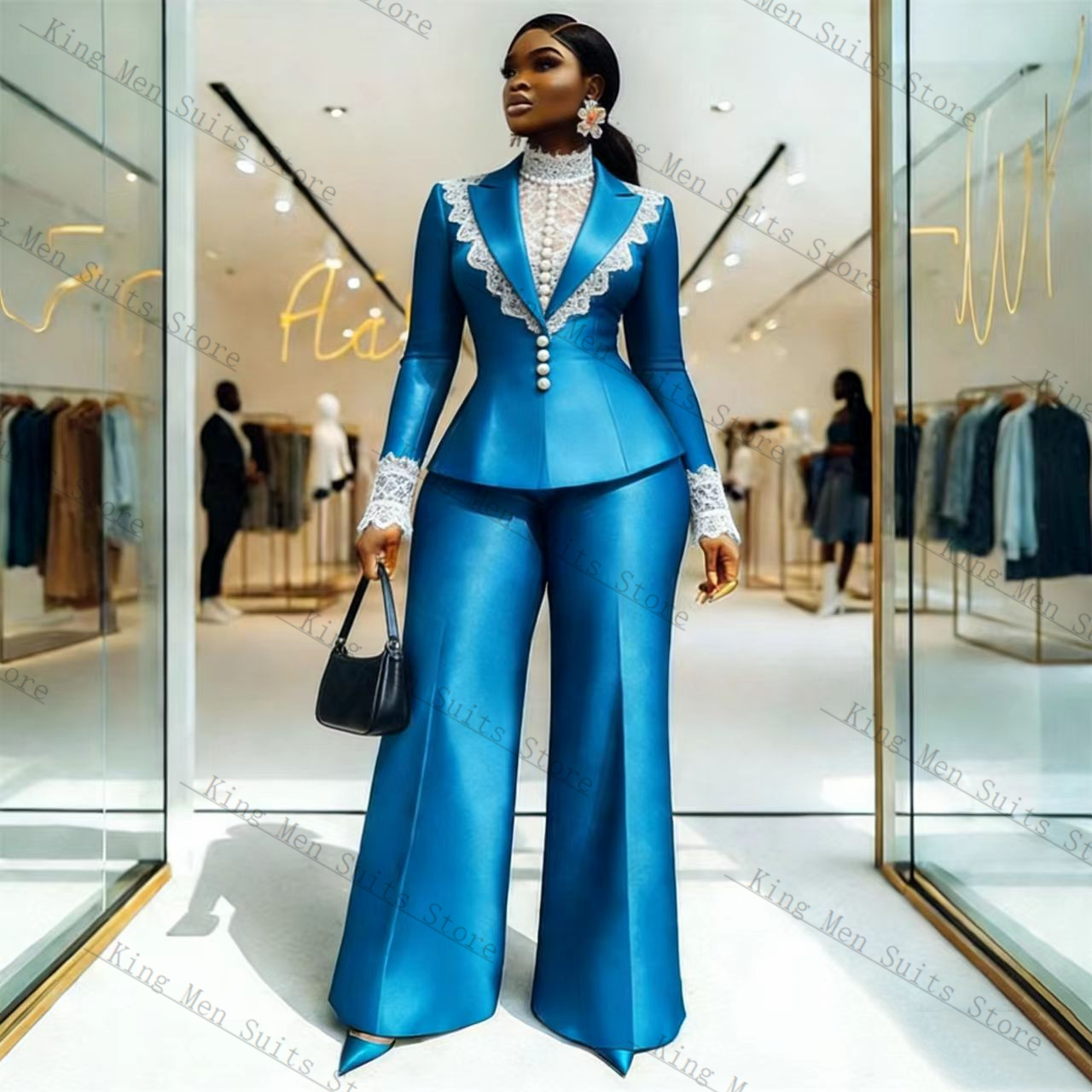 Blue Satin Lace Women Suit Set - Women Formal Wear Blazer Set ulasan dan harga