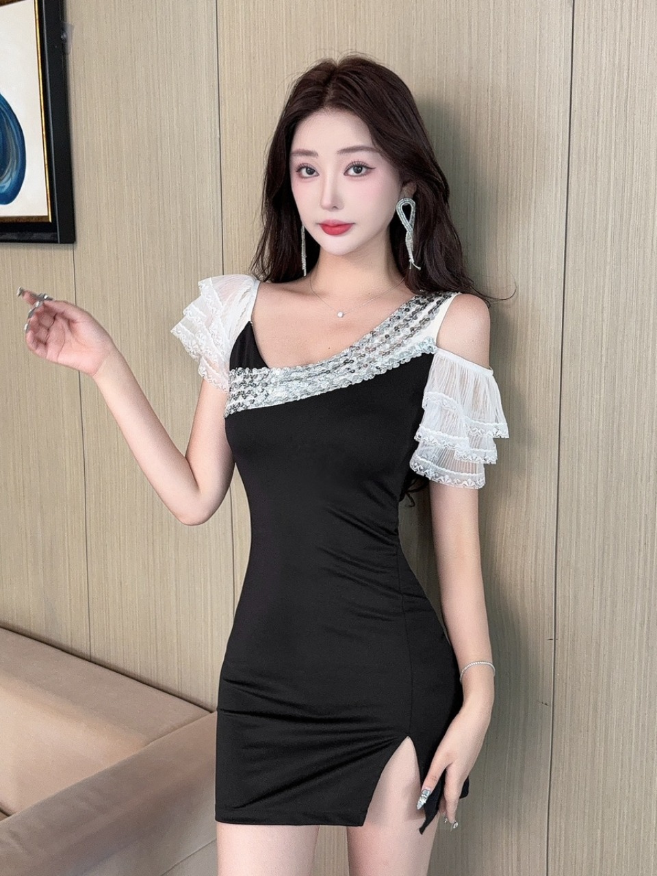 Sexy Lace Splice Short Wrap ar - Wrap Dress Work ulasan dan harga