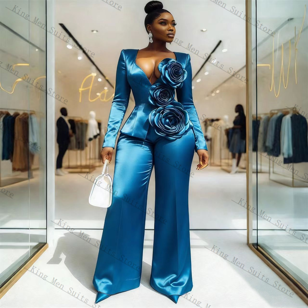Blue Satin Women Suit Set 2 Pc - Women'S Formal Wear For Wedding Guest ulasan dan harga